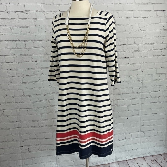 L.L. Bean Dresses & Skirts - LL Bean Medium Boat Neck 3/4 Sleeve Dress Striped 100% Cotton Cream/Blue/Red